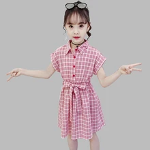 Детские платья для девочек, вечерние платья в клетку для девочек приталенное детское платье с эластичной резинкой на талии и бантом на поясе, весенне-летняя Милая Одежда для девочек