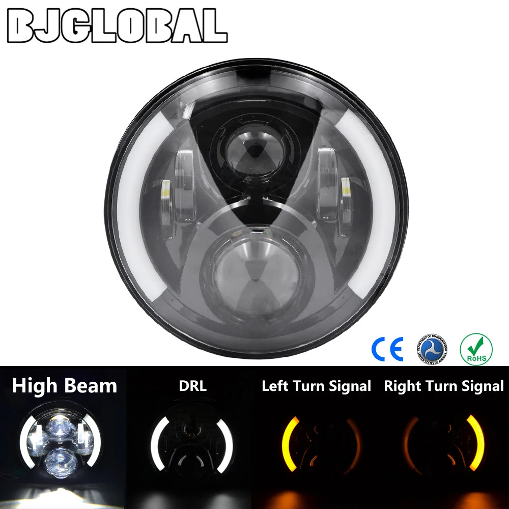 

7" Round LED Headlight Assembly For Touring Trike FLS FLSTC FLSTF FLSTFB FLSTN DRL Turn Signal Light w/ H4 H13 Adapter Wire Lamp