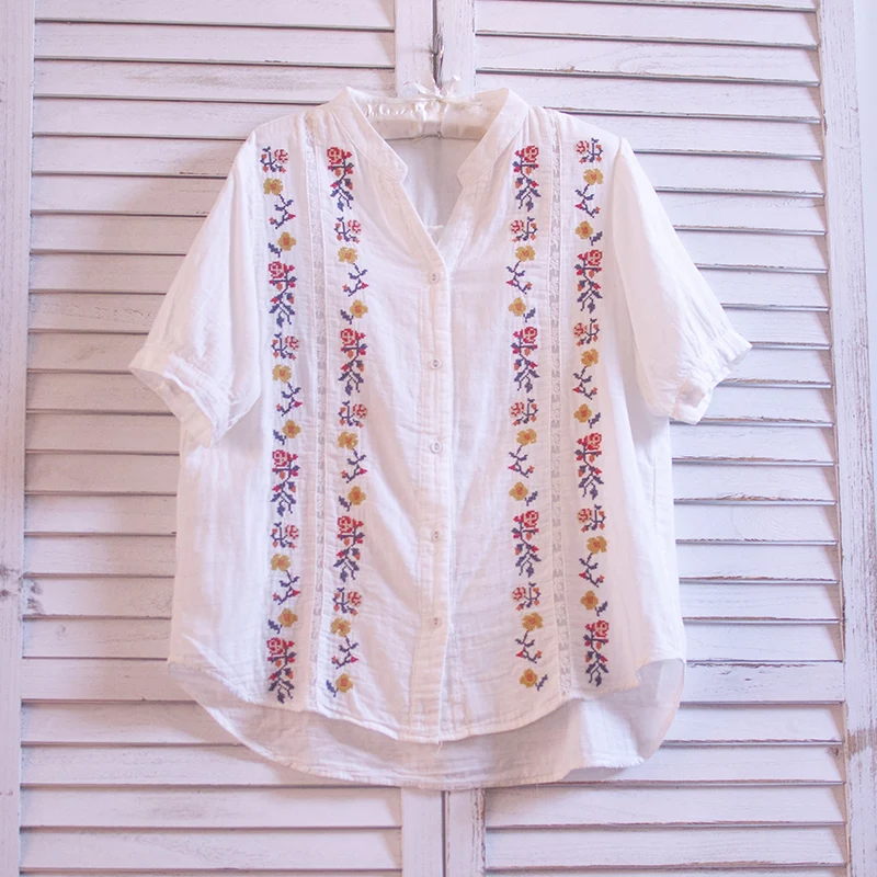 

TIYIHAILEY Free Shipping 2021 New Summer New Cotton Tops For Women Short Sleeve V-Neck Japan Style Loose White Embroidery