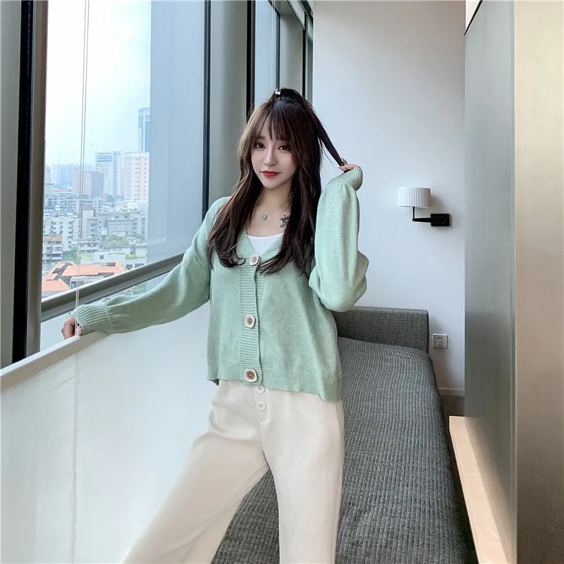 Фонари с длинным рукавом Для женщин свитер шерстяная фуфайка однотоная обувь; 4 цвета на пуговицах Однобортный трикотажный топ с v-образным вырезом модные новые джемперы