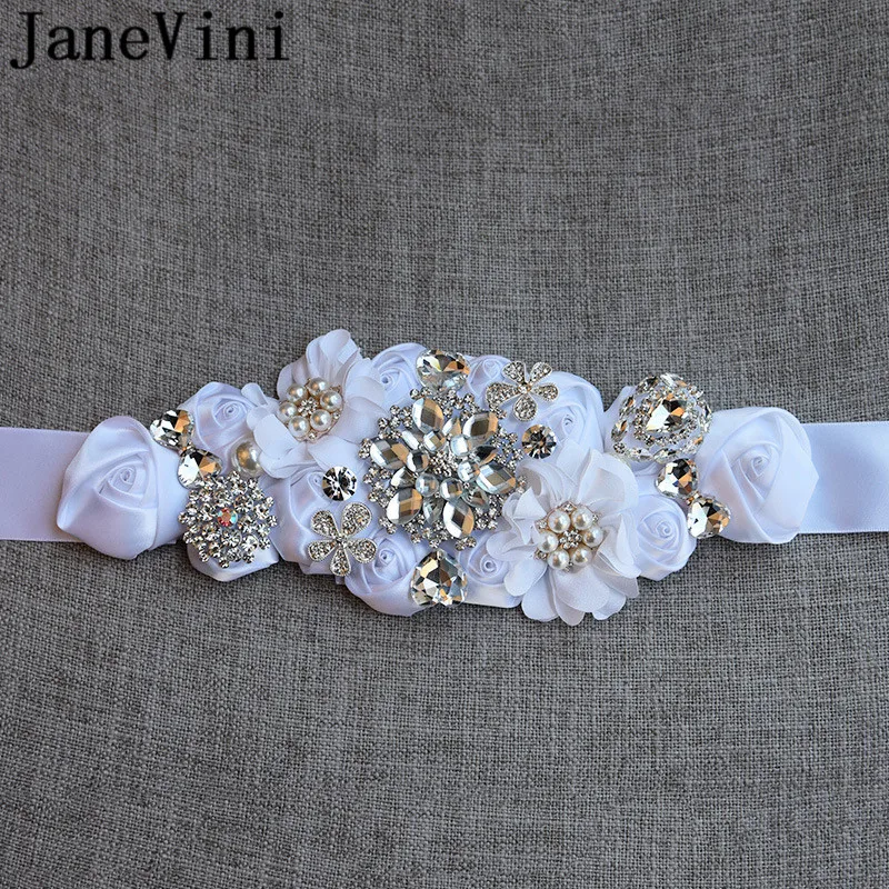 JaneVini Jewelled Rhinestone Belt for Wedding Dress Women Belts Pearl Satin Ribbon Sash Crystal Belt Bridesmaid Bride Waistband