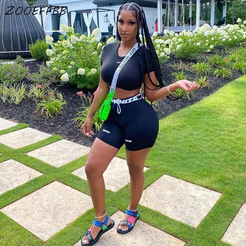 ZOOEFFBB de moda carta chándal con efecto dos piezas conjunto Top y Biker Shorts trajes salón desgaste conjuntos para mujer ropa