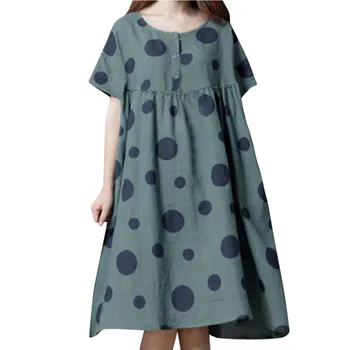 

Hot Autumn Large Size Women Casual Loosen Polka Dot Print Long Cotton Dress Round Neck Short Sleeve Loose Commuter Casual#45