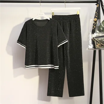 

2020 New Fashion Brand Oversized Women Set Short Pullover Ankle-length Pants Elastic Waist Casual Striped O-neck