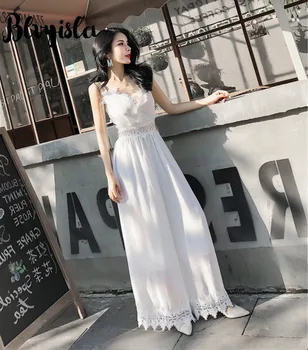

Sexy Solid White Lace Patchwork Sling Romper Charm Women Holiday Beachwear Long Jumpsuits Summer Loose Bodysuits