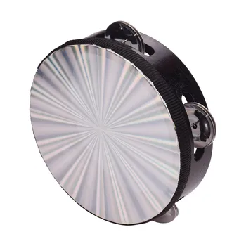 

4 Inch Wooden Radiant Tambourine Handbell Hand Drum with Single Row Jingles Reflective Drum Head Toy for Dancing Singing Party