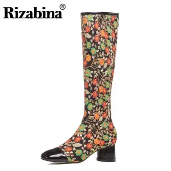 

RIZABINA Autumn Winter Knee High Boots Women Real Leather Zipper Embroidery Square Heels Shoes Daily Women Footwear Size 33-42
