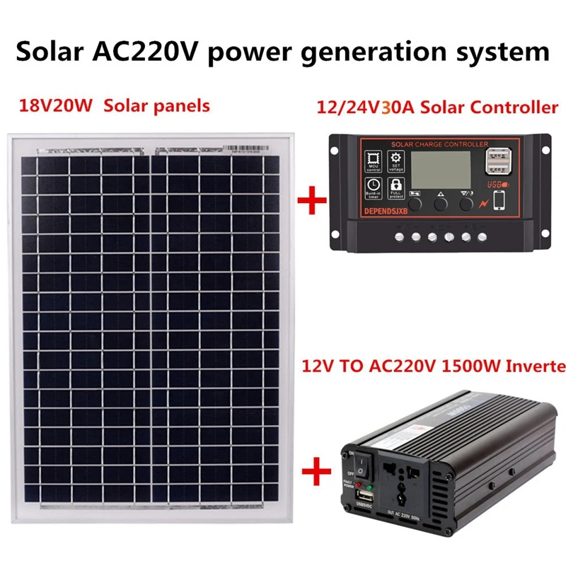 HLZS-18V20W солнечная панель+ 12 В/24 В контроллер+ 1500 Вт Инвертор Ac220V комплект, подходит для наружного и домашнего использования Ac220V Солнечная энергия-Sa