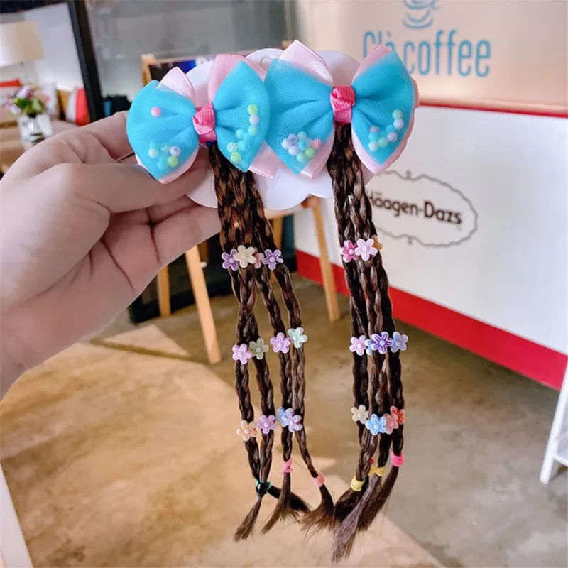 1Pair Children Wig Braiders Flower Bowknot Multi-color Hair Clip Kids Elastic Hair Bands Girl Hair Accessories Wig Ponytail Pins - Цвет: Синий