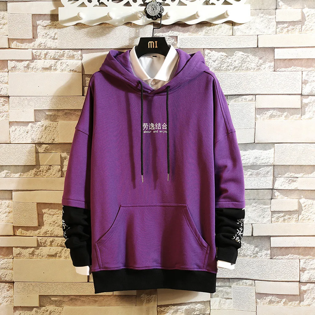 

Mens Hoodies Sweatshirt Autumn Korean Streetwear Pullovers Top Patchwork Long Sleeved Slim Fit Blouse blusa moletom masculino