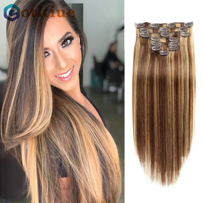 8Pcs/set 120g Piano color Caramel Brown Clip In Hair Extensions Human Hair Machine Made Natural Real Remy Clip Ins hair extensions