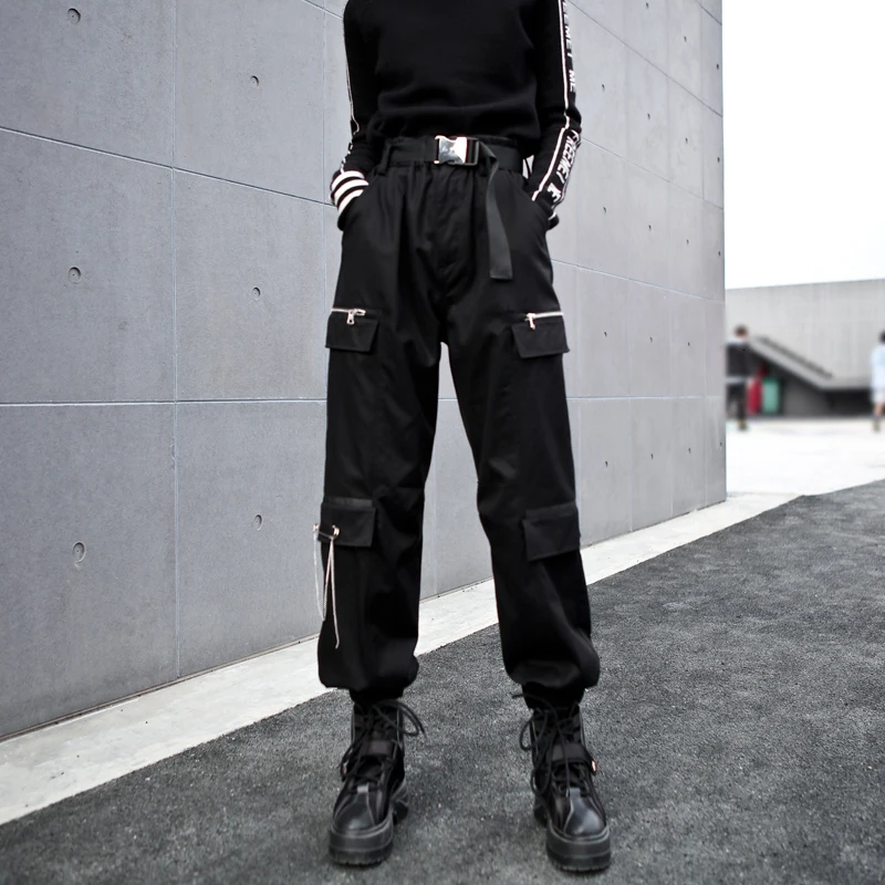 [EAM] Черные длинные штаны-шаровары с высокой эластичной талией и карманами на молнии, новинка, свободные брюки, женские модные весенне-осенние штаны,, 1M670