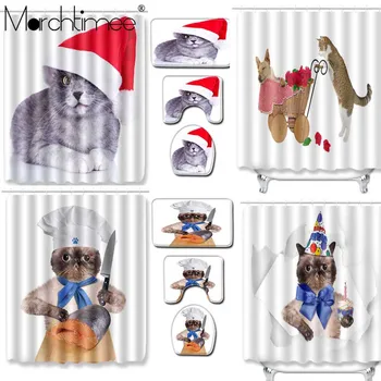 

Cartoon Christmas Cat Printing Polyester Fabric Shower Curtain for Bathroom Nordic Waterproof Bath Screen Curtains Home Decor