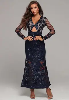 

High Qualuty Winter Style Sexy Key Hole Mesh Sequins Long Sleeve Blue Long Dress 2020 Elegant Evening Party Dress Vestido