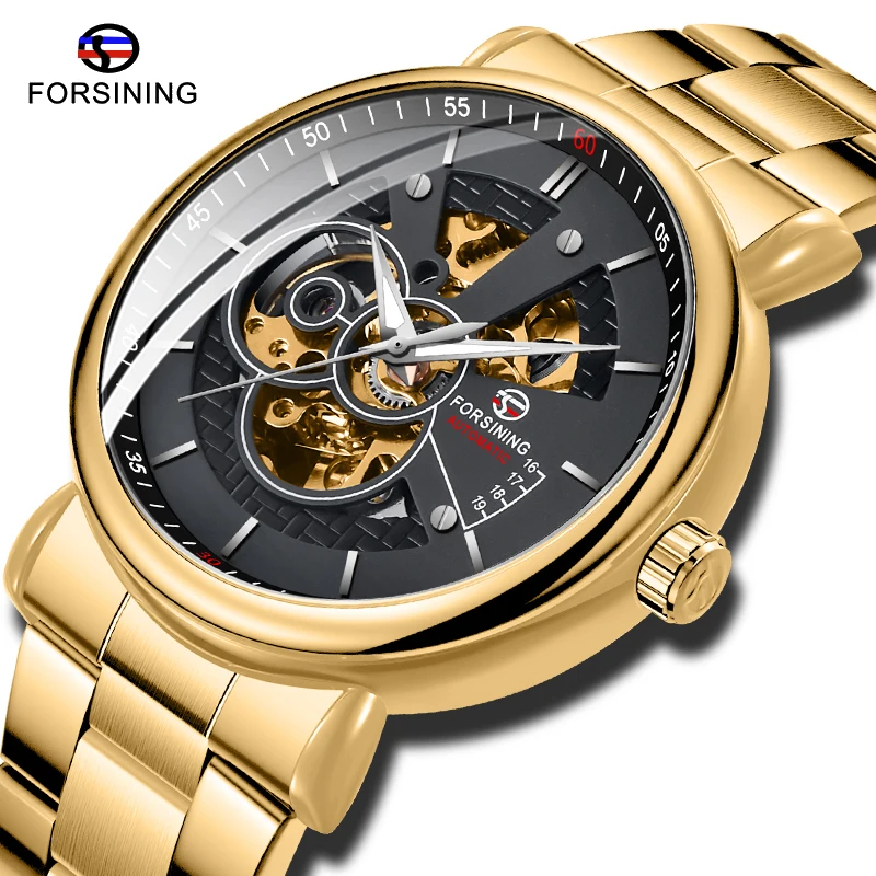 

Top Brand FORSINING Black Golden Openwork Clock Men's Automatic Watches Luminous Hands Design Gold Stainless Steel Luxury Clock