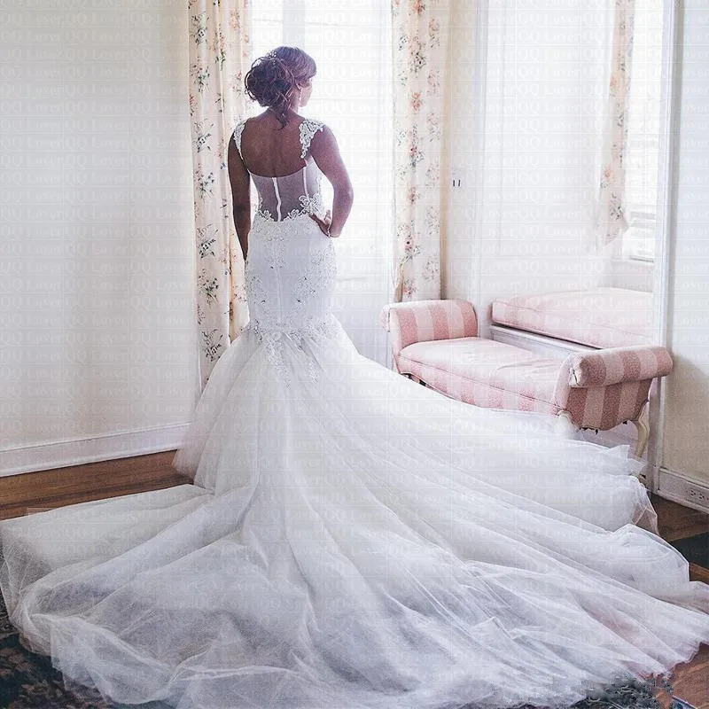 

Amazing V Neck Mermaid Wedding Dress 2019 Sheer Sweep Train African Backless Wedding Gown Bride Dress