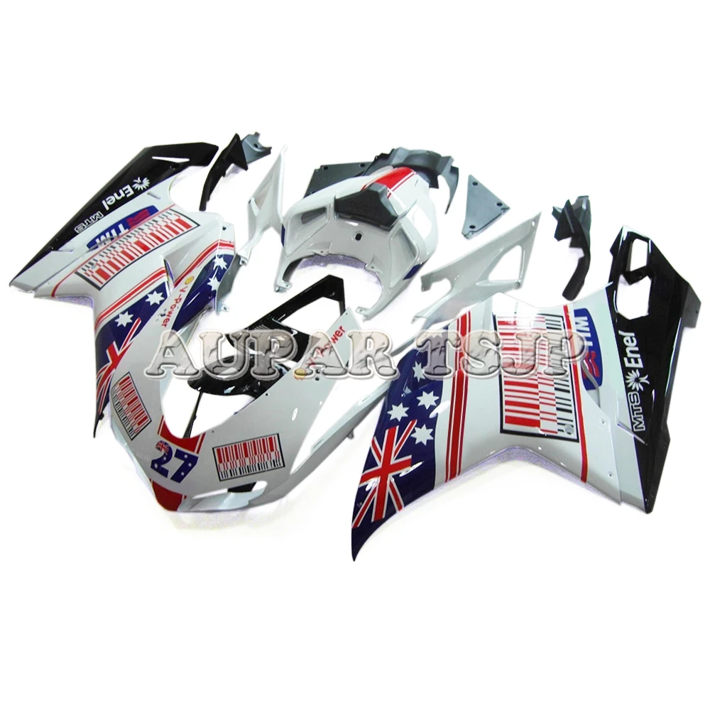 Инъекции Обтекатели для поездок на мотоцикле Ducati 848 1098 1198 2007 2008 2009 2010 2011 2012 Кузов ABS Пластик панели белого и синего цвета красный капоты