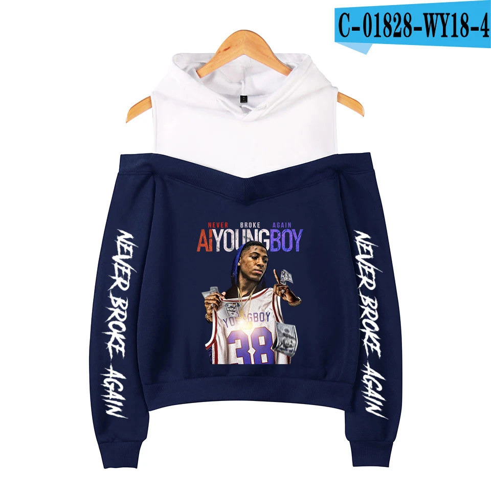 YoungBoy никогда не сломался снова с плеча Толстовка для женщин Горячая Мода Печать Повседневная Толстовка без бретелек плеча девушка сексуальная повседневная куртка - Цвет: navyblue