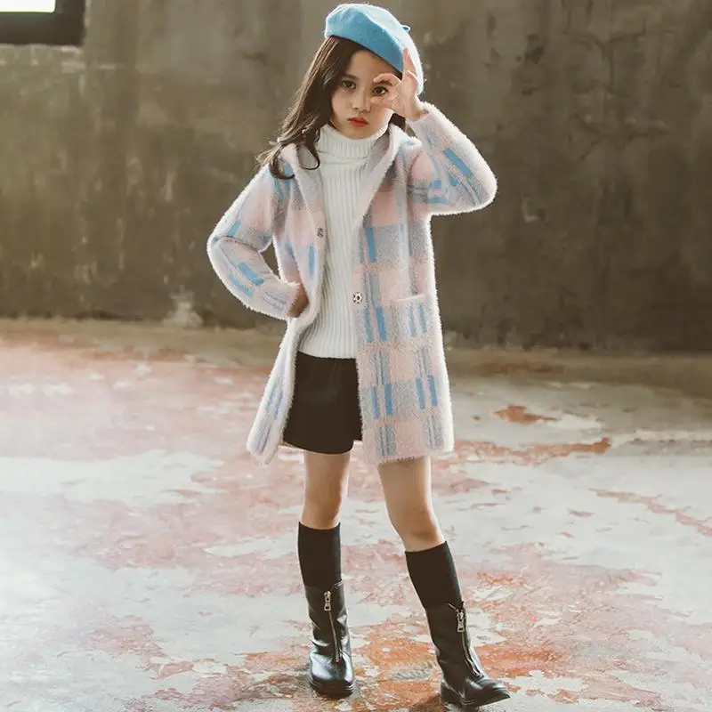 Autumn Winter New Kids Girls Long Sleeve Hoodie Clothing Children Girls Warm Woolen Jacket Teen Plaid Wool Coat Outwear K53