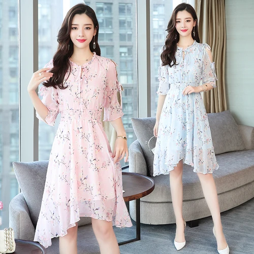 

Spring Korean Version Fashion Chiffon Women Dress 2019 New Style Summer Seven-minutes Sleeved Elegant Temperament Female Dresses
