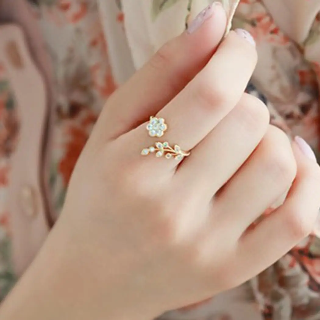 Женское модное кольцо, стразы, в форме цветка, на каждый день, 2,9 см/1,1 дюйма, золото, серебро, Открытое кольцо, ювелирное изделие