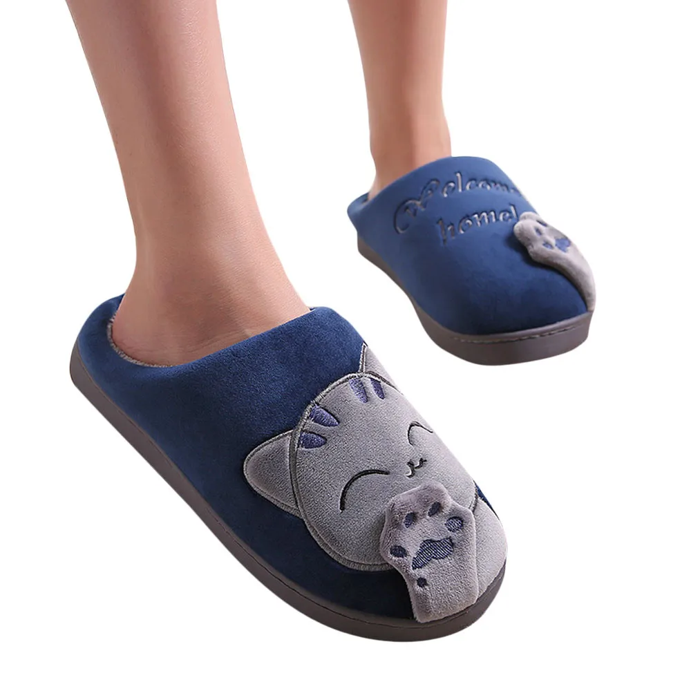 Тапочки с мужские зимние домашние тапочки с мультяшным котом обувь на нескользящей подошве; теплые внутри помещения Спальня обувь для помещения тапочки домашние женские