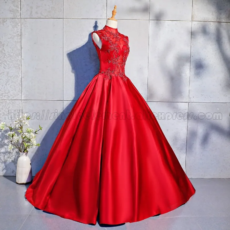 Один элемент красный атлас Высокая шея сладкий Vestido De 15 Anos De Quinceanera платья