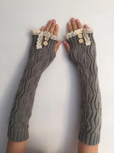 6 Light Gray Sparsil женские вязаные длинные перчатки с кружевной каймой и пуговицами, крученые перчатки без пальцев, митенки, полые, без пальцев, зимняя защита запястья - Цвет: 6 Light Gray