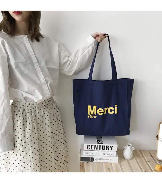 Merci Women Big Canvas Shoulder Bags French Print Eco Friendly Grocery  Shopping Bag Cotton Cloth Handbag Casual Tote For Ladies - AliExpress