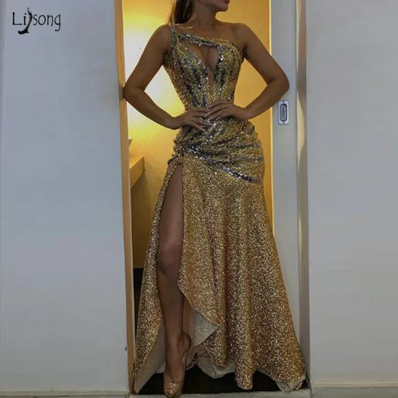Золотой Robe de soiree, золотое, сексуальное, с разрезом, Русалка, длинное, вечернее, торжественное платье, Трендовое, на одно плечо, с блестками, Abiye, платье для выпускного вечера, Платья для вечеринок - Цвет: Золотой