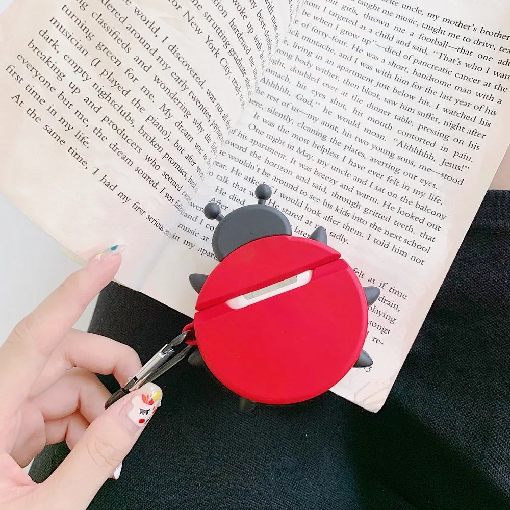 3D красивые красные наушники Beetle силиконовый мягкий чехол для AirPods 1 2 Bluetooth гарнитура зарядная коробка защитный чехол с крюком