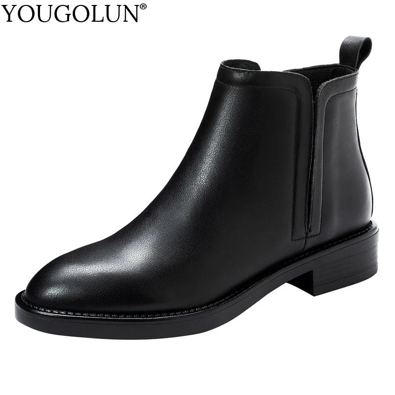 

Genuine Cow Leather Ankle Boots Women Autumn Winter Woman Low Square Heels A314 Fashion Lady Soft Leather Round Toe Black Shoes