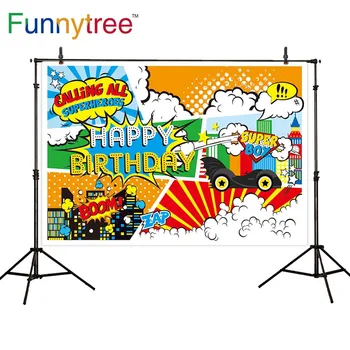 

Funnytree photocall backdrop 1st birthday car Super hero Boom children cloud photography background photobooth photo photophone