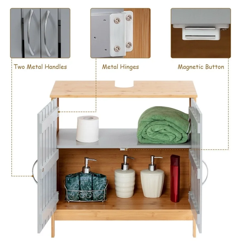 

Bathroom Under Sink Vanity Cabinet Bamboo Freestanding Shelf Cabinet with Two Curved Handles Modern and Concise Design HW60393