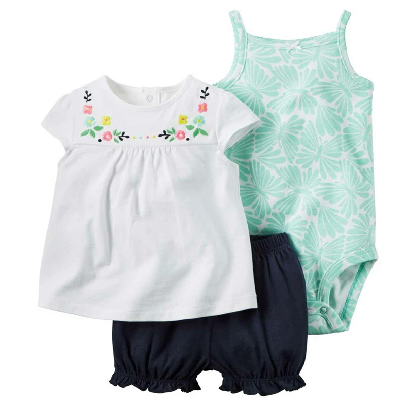 Распродажа, летние комплекты из 3 предметов для маленьких девочек хлопковые топы с короткими рукавами+ боди+ шорты, милый комплект одежды для малышей 4 цвета