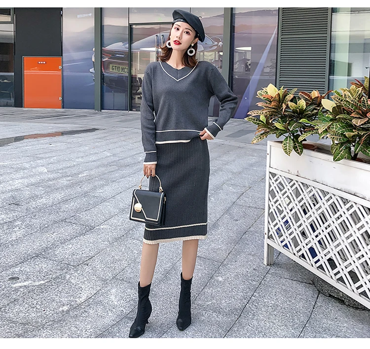 Autumn Winter 2 Piece Set Women Sweater Sets Warm V-Neck Knitted Pullover+ High Waist Midi Skirt Suit Female Two Piece Set