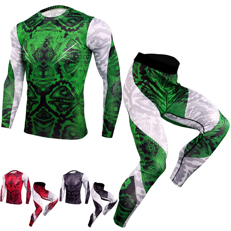 

2 Piece Mens Polyester Quick-drying Sportswear Set Stitching Printed Long Sleeve Tracksuit Fitness Running For Brand Men Clothes
