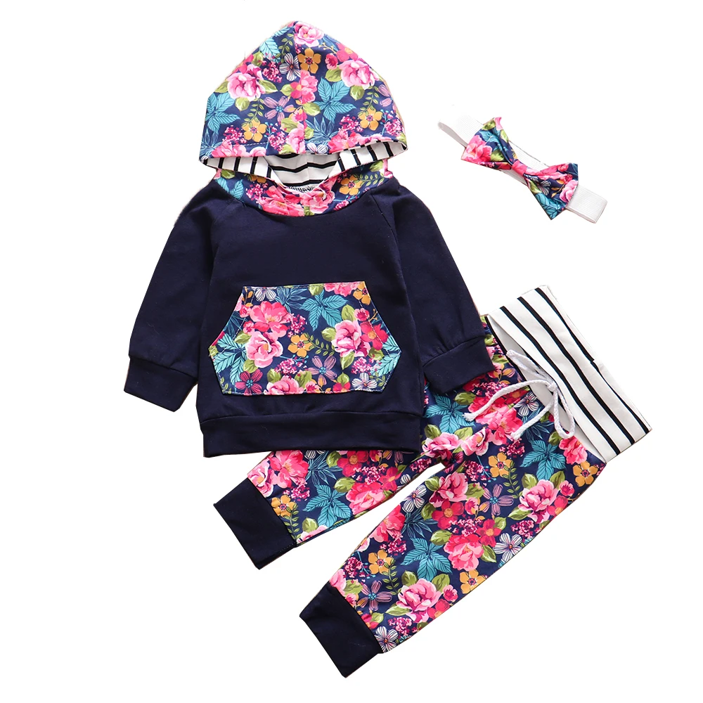 Осенний комплект одежды для маленьких девочек, худи с длинными рукавами, топ с капюшоном+ штаны с цветочным принтом+ повязка на голову, 3 предмета, Одежда для новорожденных, одежда для малышей с цветочным рисунком - Цвет: Синий