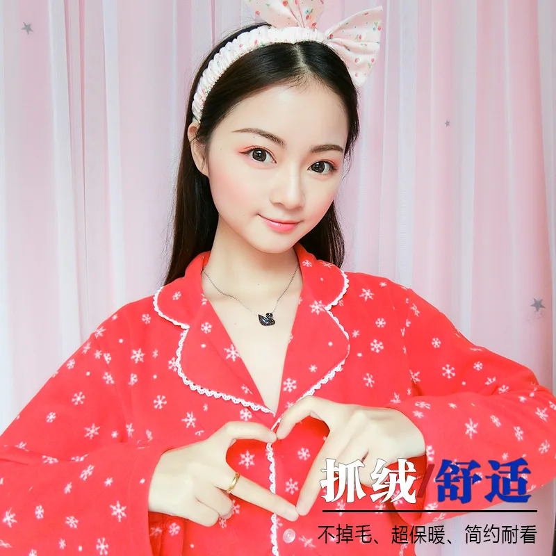 

Korean-style Year of Fate Fleece Thick Warm Pajamas Long-sleeve Suit Pajamas GIRL'S Loose Pajamas-Home Wear