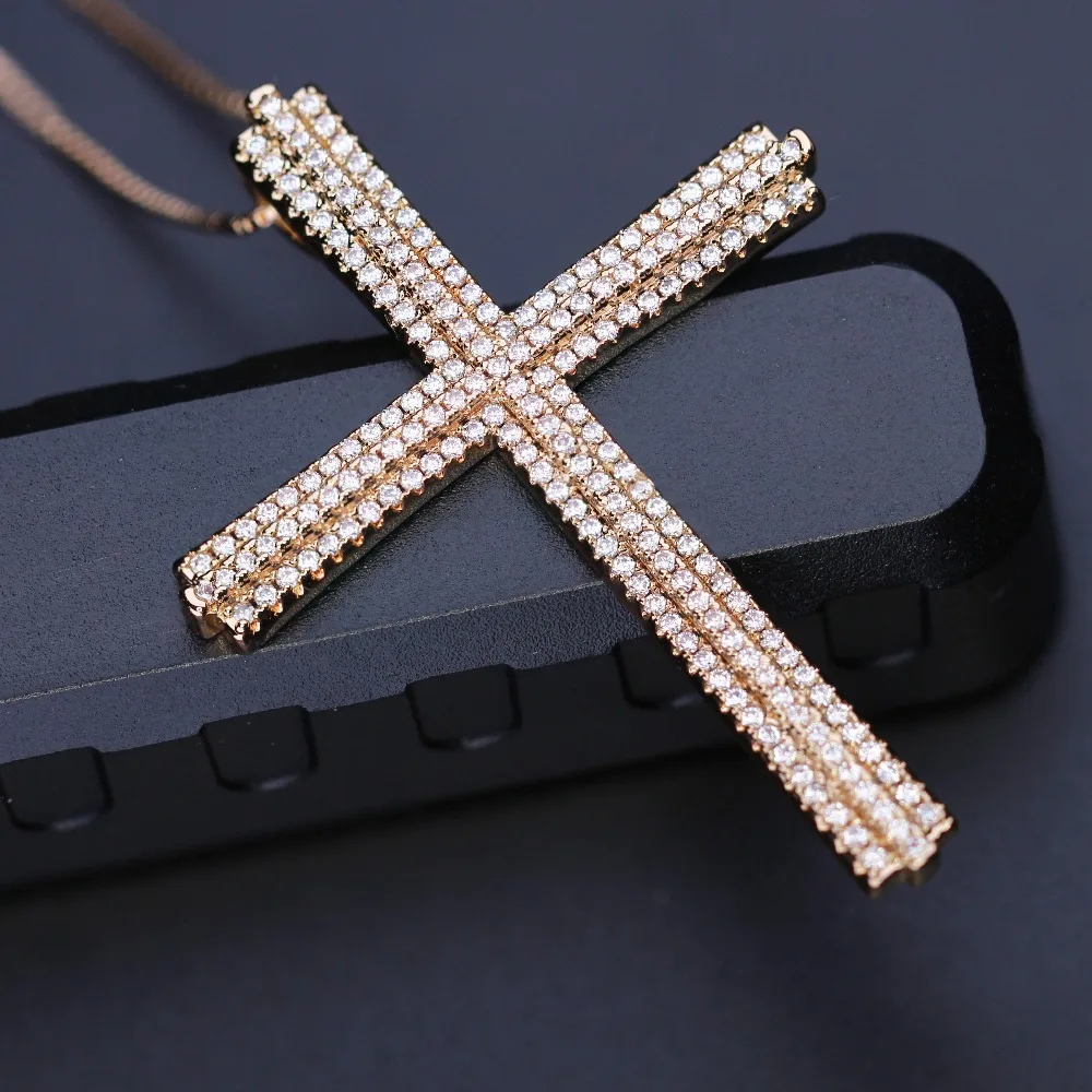 Newranos Luxury Big Cross Pendant Necklace Pave Cubic Zirconia Champagne Gold Choker fr Women Fashion Jewelry PPY001442 | Украшения и