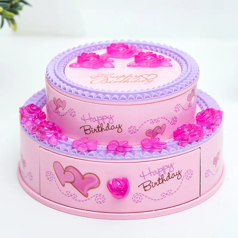 Caixa portátil para maquiagem infantil, rosa, bolo, espelho, caixa de  música, armazenamento de joias, família, presente de festa de aniversário -  AliExpress