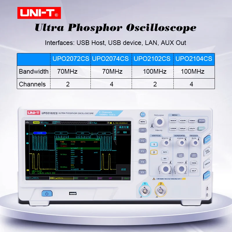 

Phosphor Oscilloscope UPO2000CS 70-100MHz bandwidth;1GS/s sampling rate;28Mpts memory depth 50,000wfms/s waveform capture rate