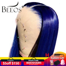 Beeos Colored Blue 150% 13*6 Lace Front Human Hair Wigs Pre Plucked Hairline Brazilian Transparent Lace Wig with Baby Hair Remy