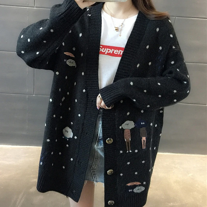 Осенне-зимний женский длинный свитер с мультяшной вышивкой, однобортное вязаное пальто с v-образным вырезом и длинным рукавом, повседневная одежда больших размеров