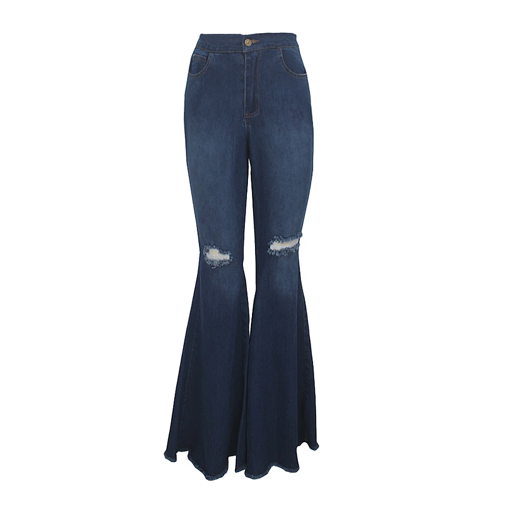 

OEAK Denim Flare Pants Women Retro Ripped Jeans 2019 Fashion Wide Leg Trousers Lady Casual Bell-Bottoms Flare Pants Female