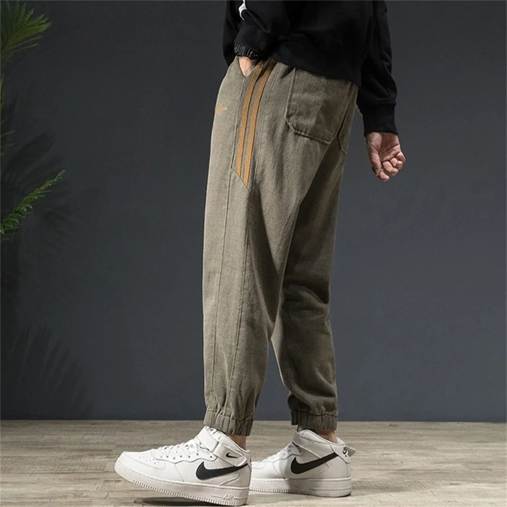 EH·MD® Elastic Waist Tie Jeans Men's Binding Feet High Elasticity Large Size Embroidered Word Art 3D Double Line Pants Thick New