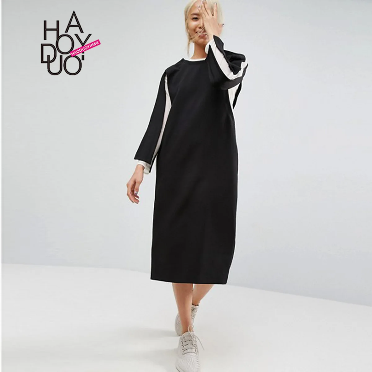 

Haoduoyi Western Style Contrast Color Joint Autumn WOMEN'S Dress Simple Casual Crew Neck Pullover Dress