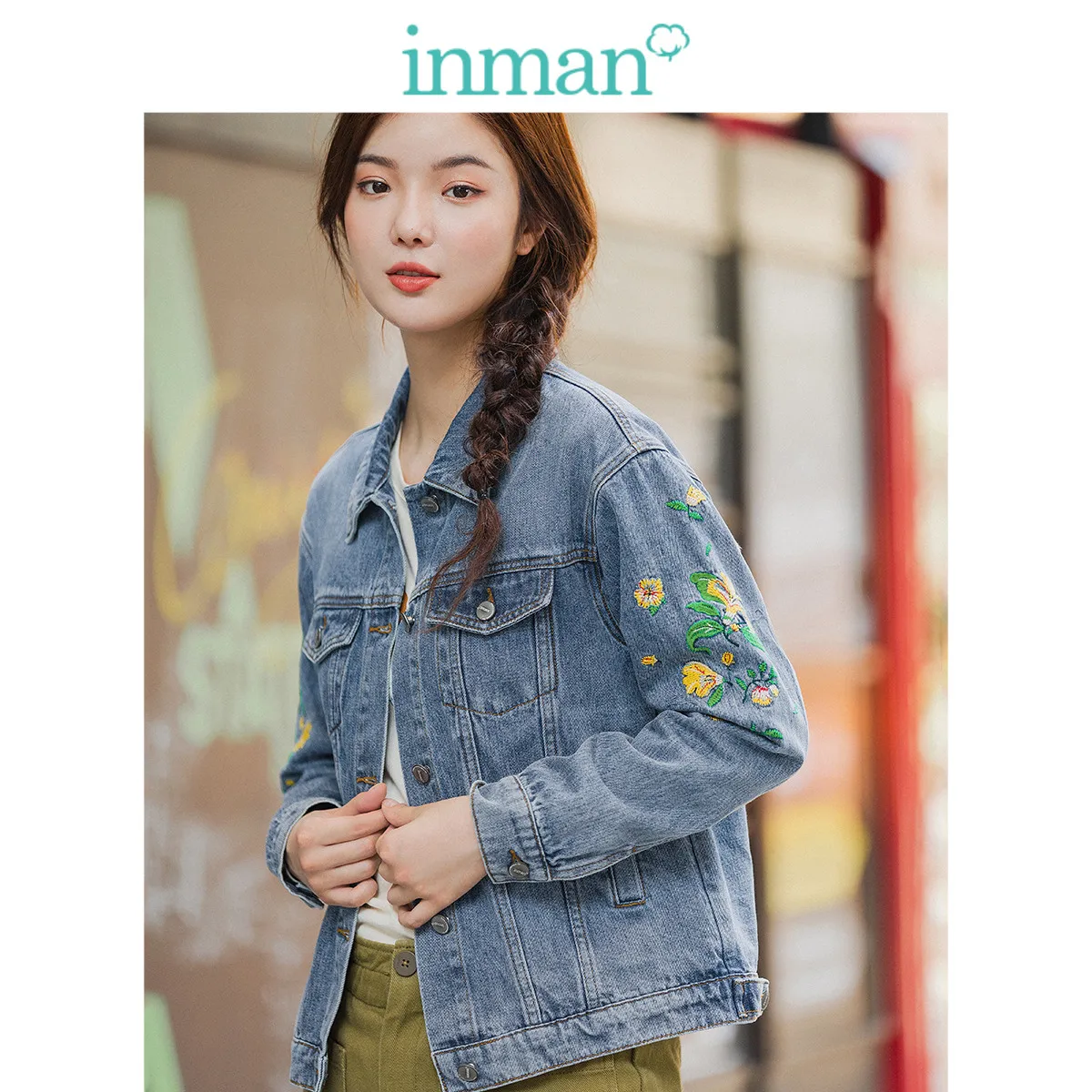Skup INMAN 2020 wiosna artystyczne literacki haftowany bawełniany kwiat kilka kieszeni myte Technic luźny styl eleganckie dżinsy kobiet płaszcz