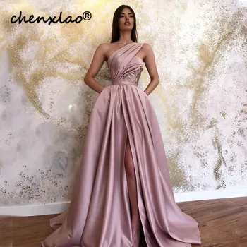 

Muslim Long Evening Dress Satin A-Line One Shoulder High Split Pleat Evening Dresses Formal Gowns Vestidos de festa