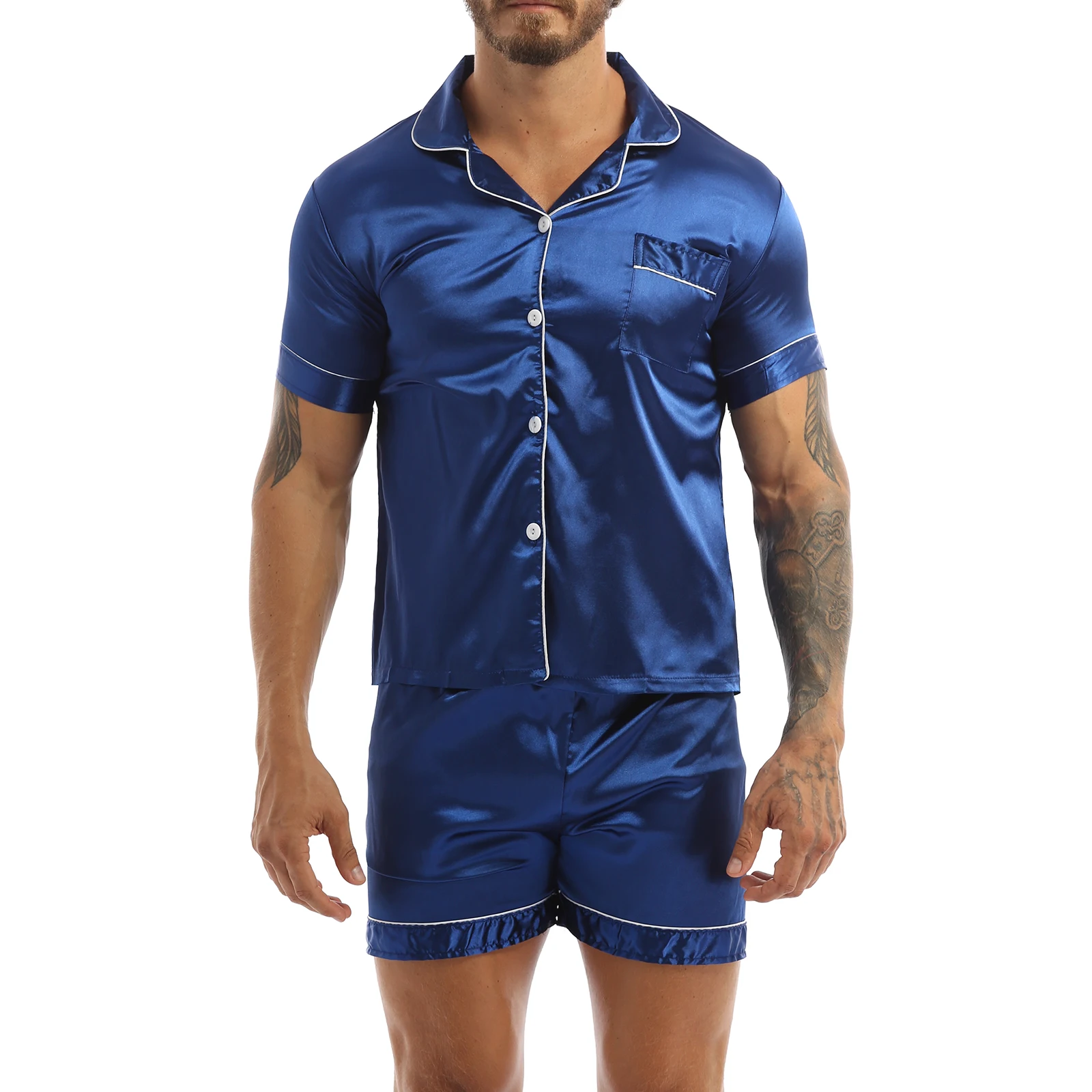 Mens Silky Satin Pajamas Set Lounge Sleepwear Nightwear Notch Collar Button Down Shirt Top with Elastic Waist Boxer Shorts mens pjs sale